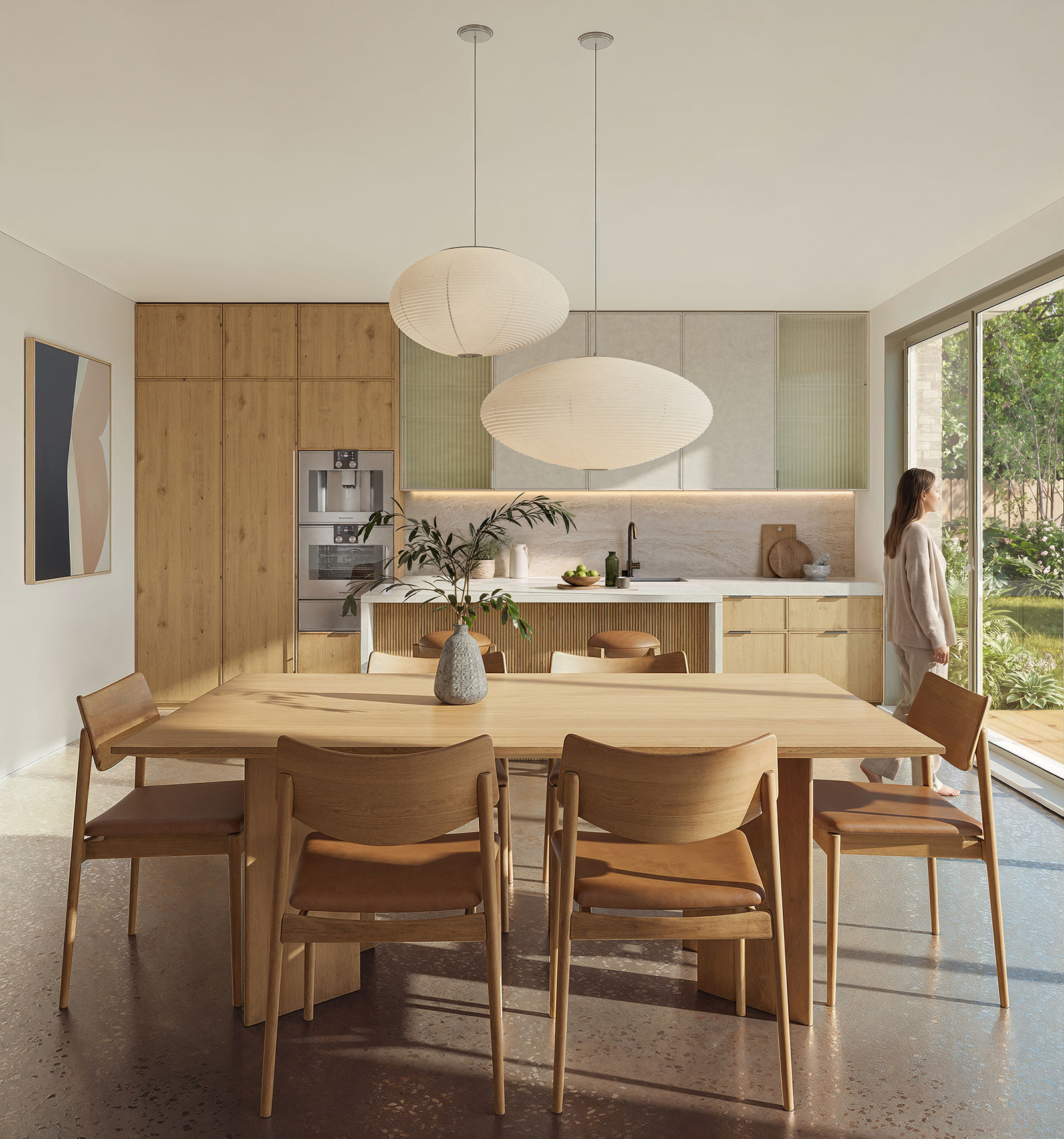 Kitchen and dining room in midday light