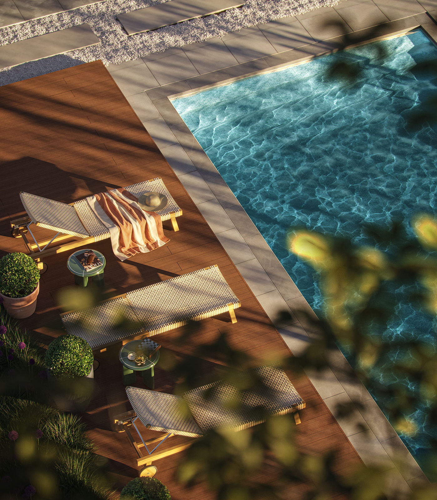 Overhead view of the pool deck and loungers