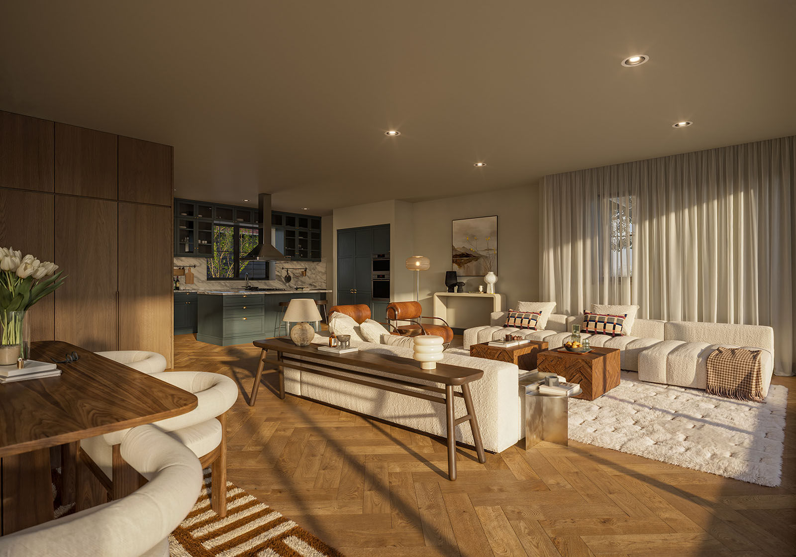Open-plan living room and kitchen in evening light