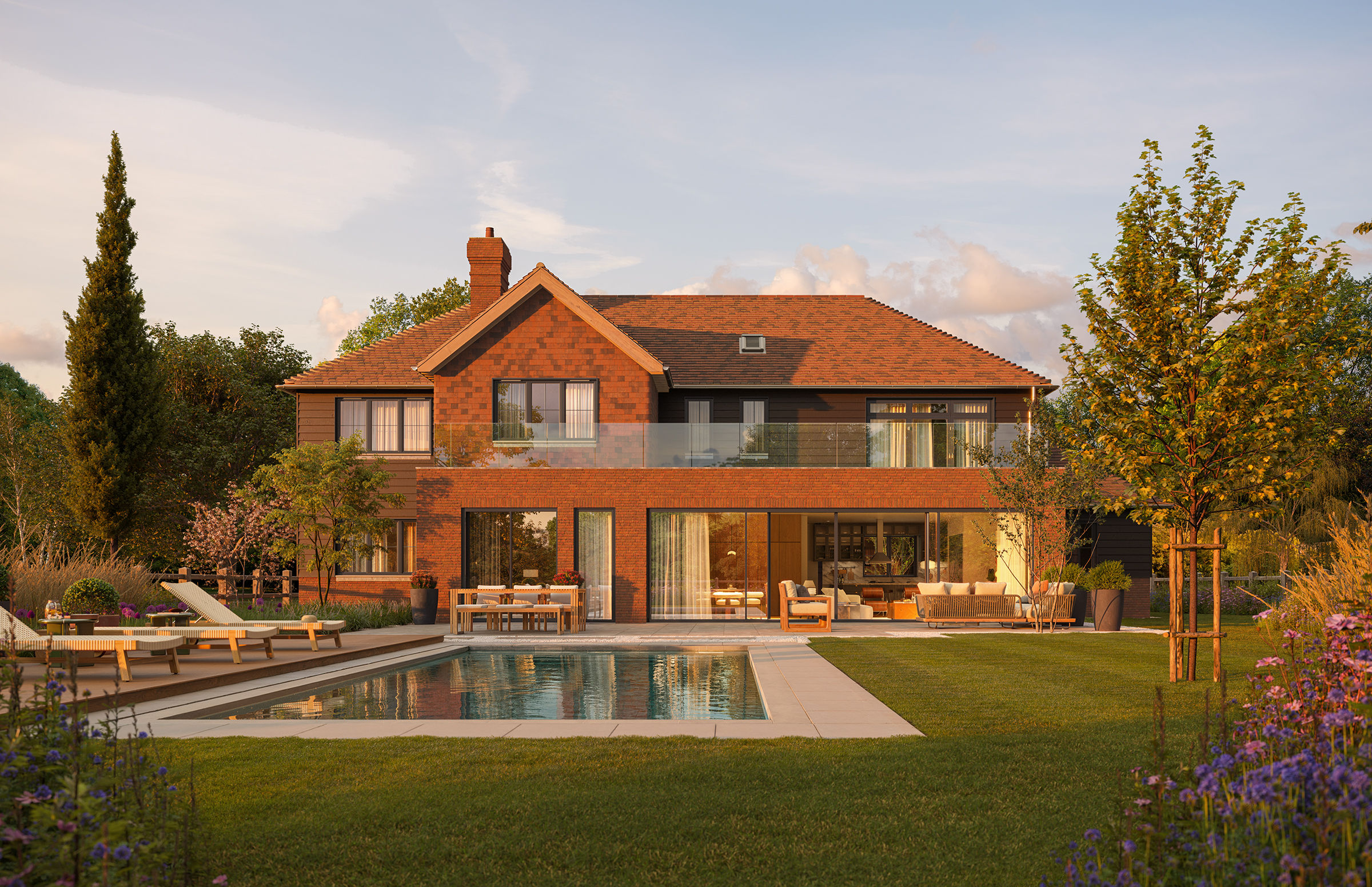 Garden elevation and pool terrace at golden hour
