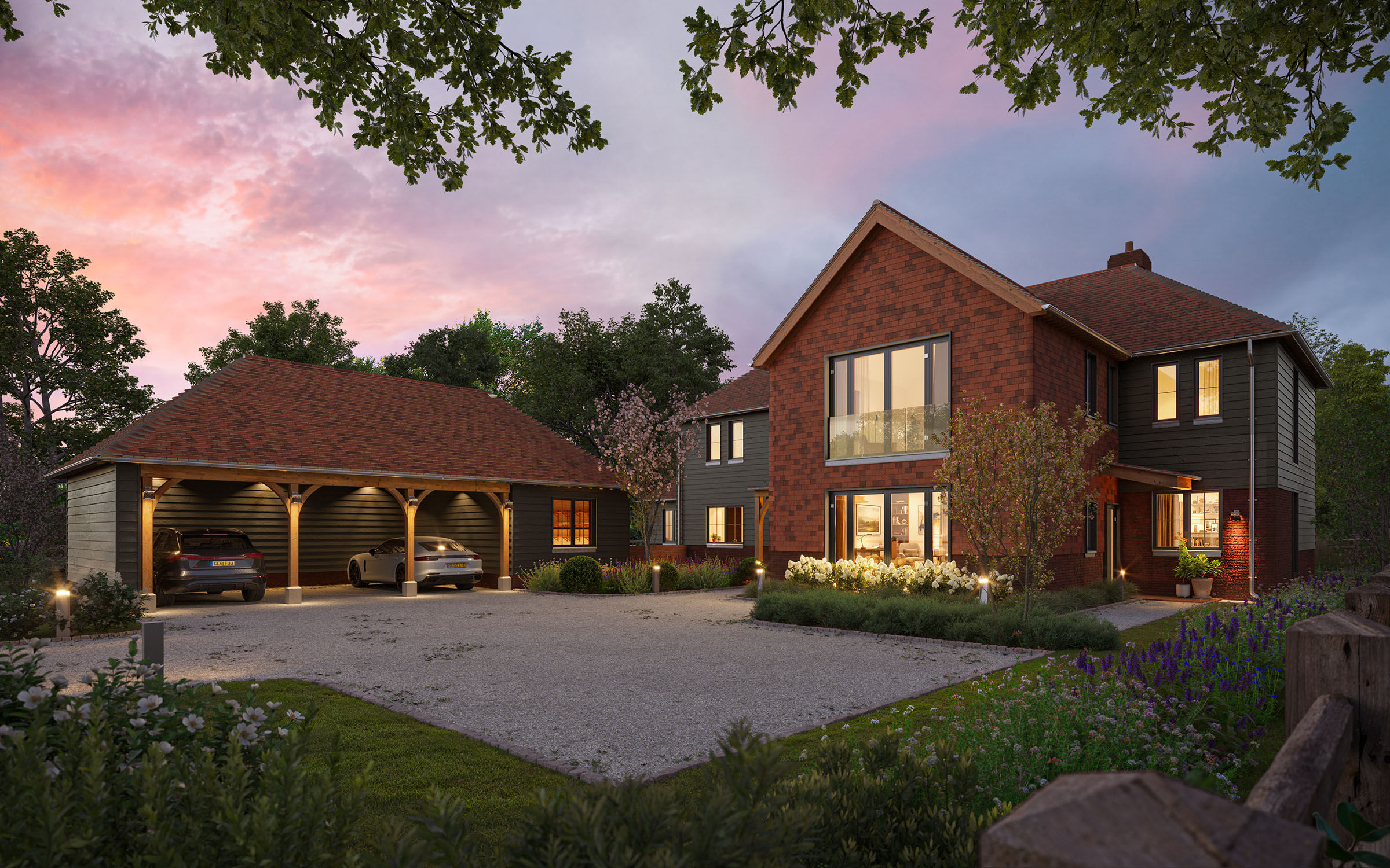 Private house at dusk with open carport and lit interiors